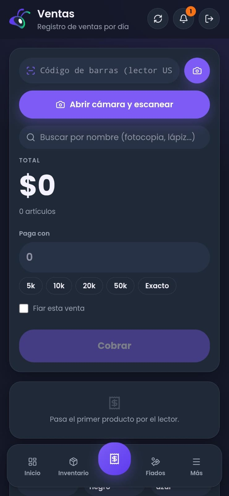 Pantalla de ventas con el campo de código de barras, el total y el botón de cobrar