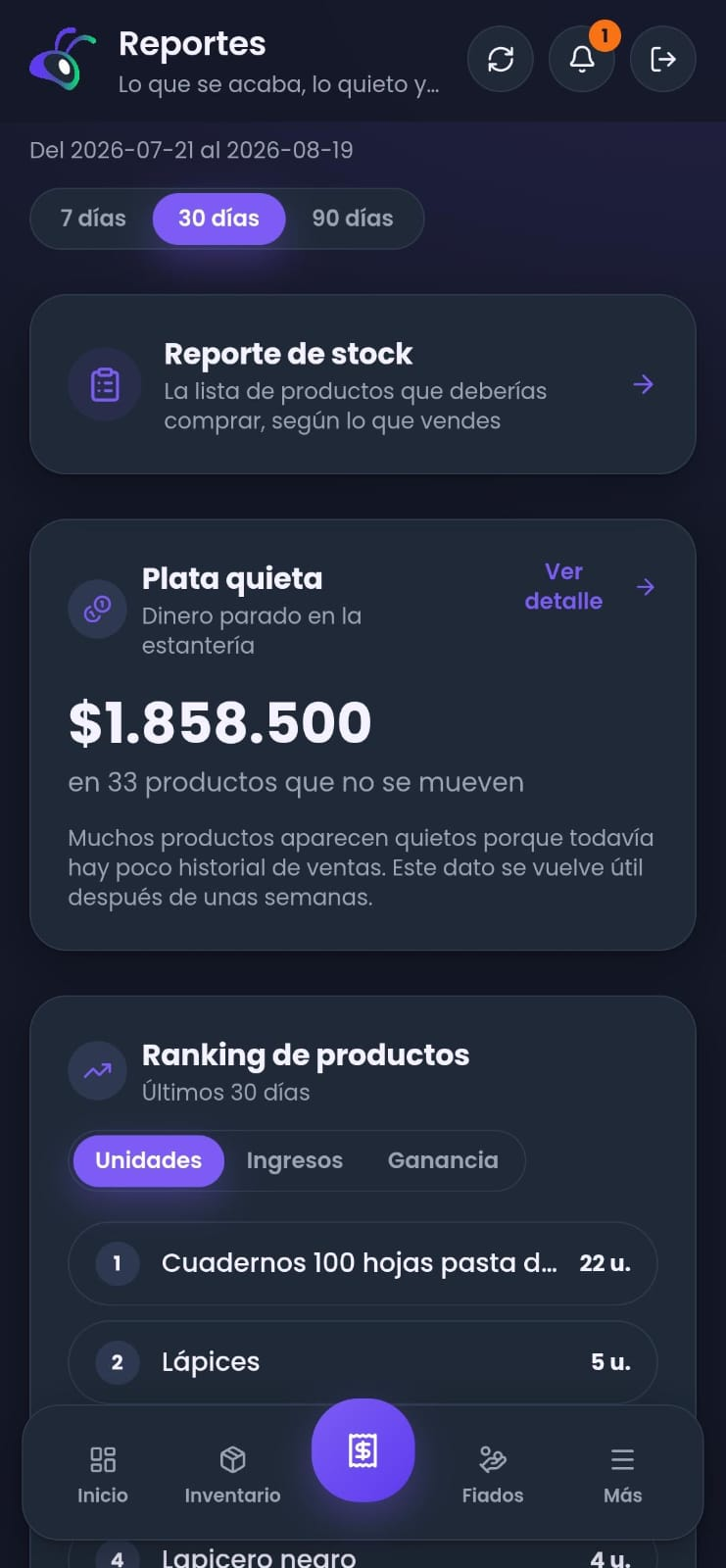 Pantalla de reportes con el reporte de stock, la plata quieta y el ranking de productos