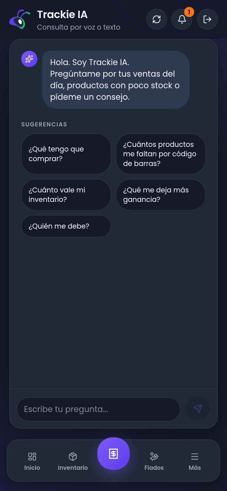 Pantalla del asistente Trackie IA con sugerencias de preguntas sobre el negocio